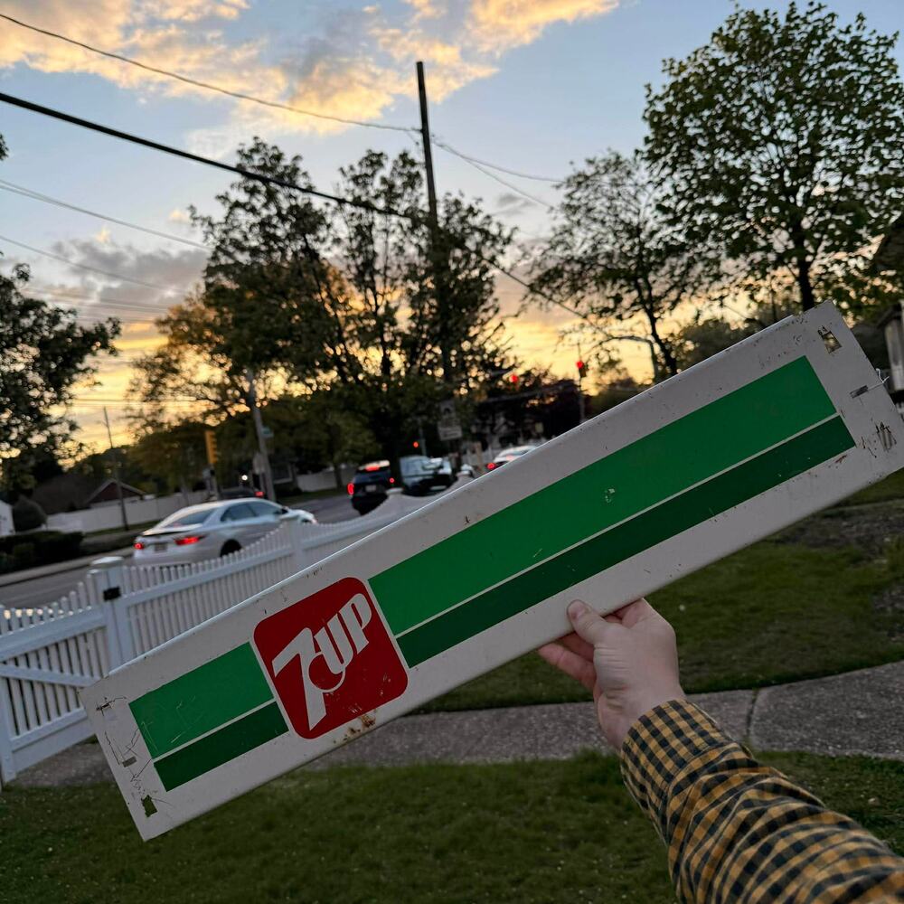 Vintage 70s 7UP Soda Machine Metal Sign 28" x 5.5" Green Stripes Cooler Panel